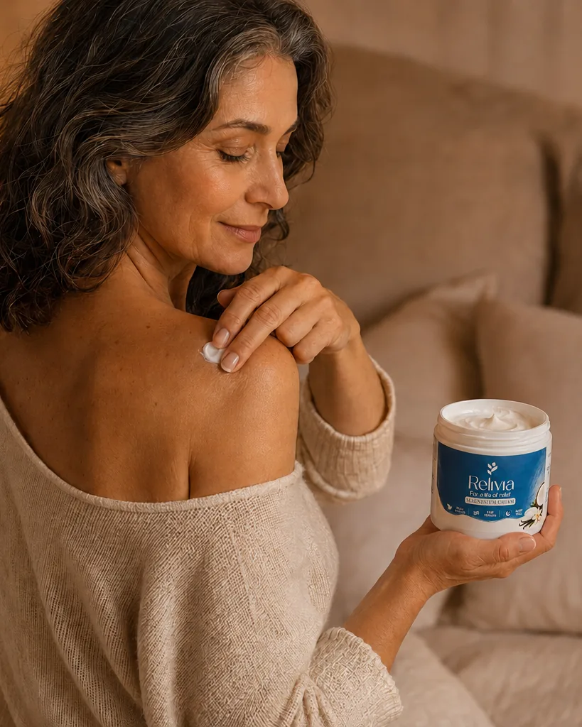 Scooping Relivia magnesium cream from the open jar onto fingertips in a bedroom at dusk