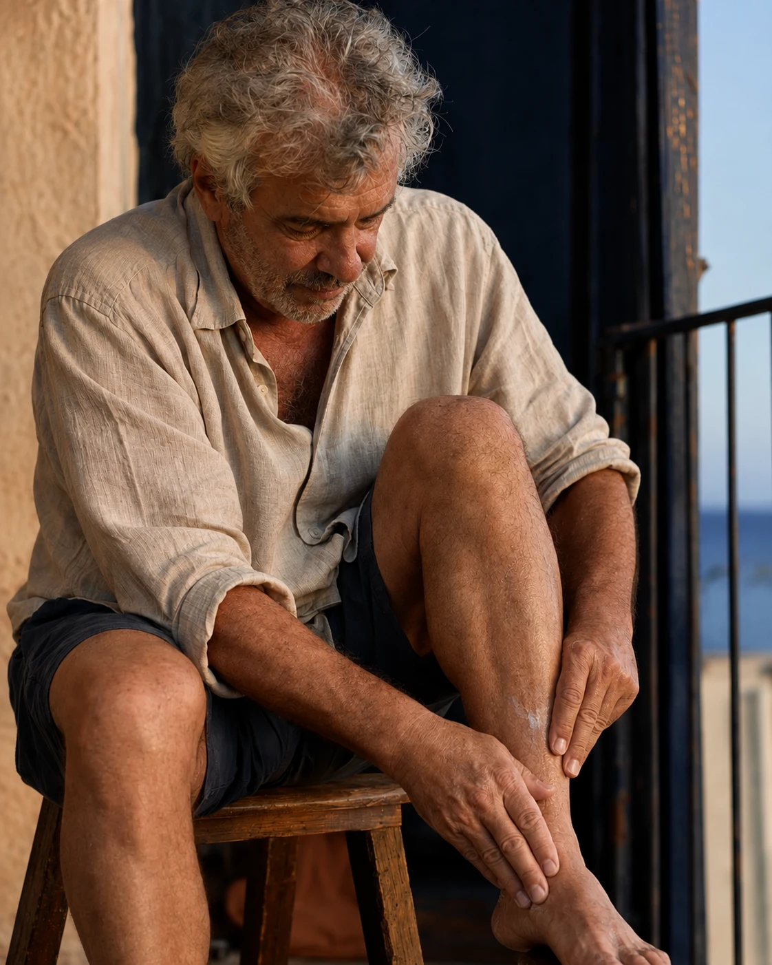 A man working the cream into his calf on a balcony at the end of the day