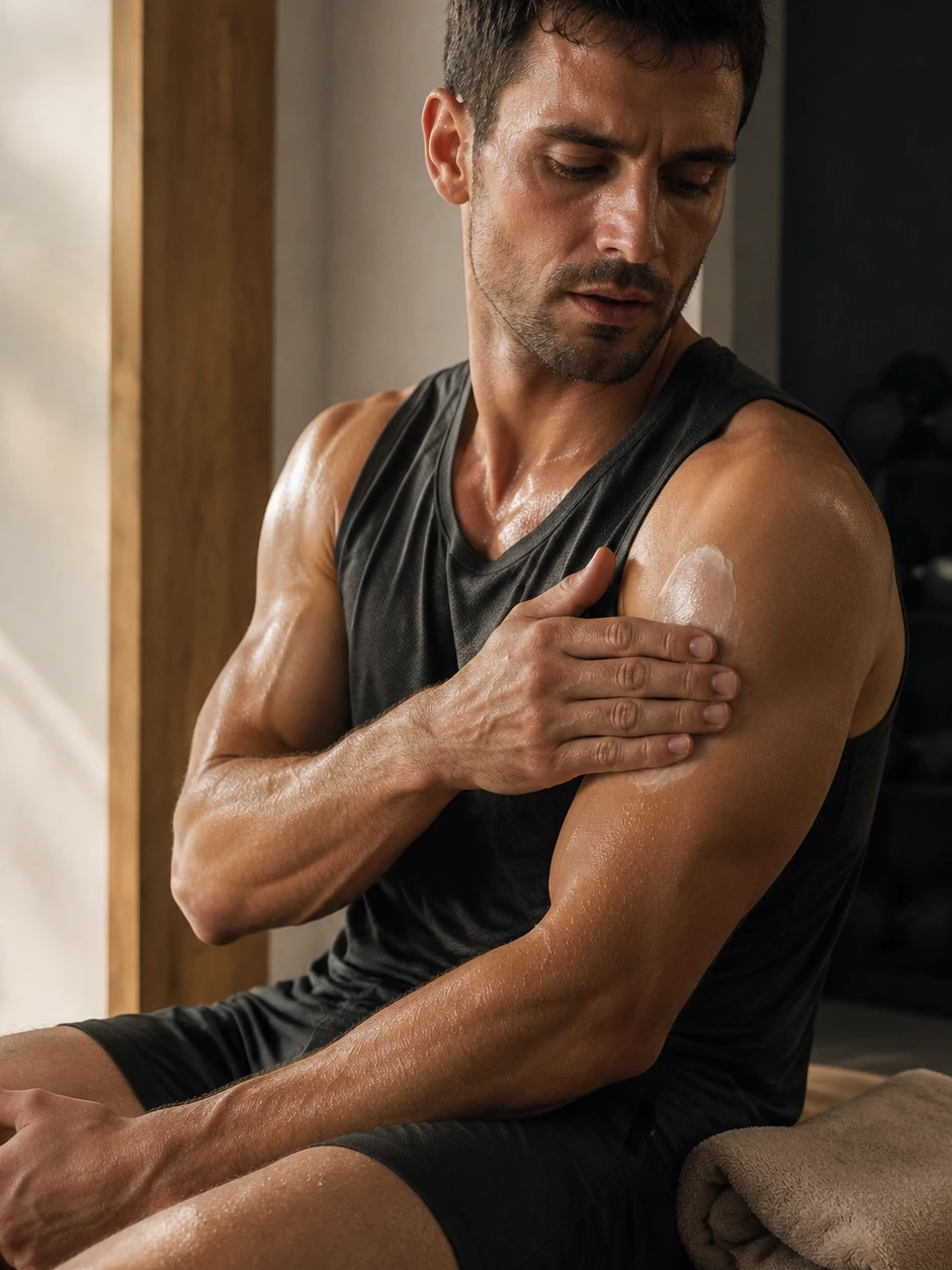 Cream worked into a shoulder on a gym bench after training
